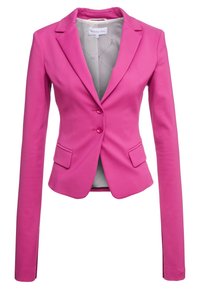 Přiléhavé jasně růžové sako s dlouhými rukávy, dvěma předními knoflíky, klopovým límcem s výřezem a kapsami s klopami.