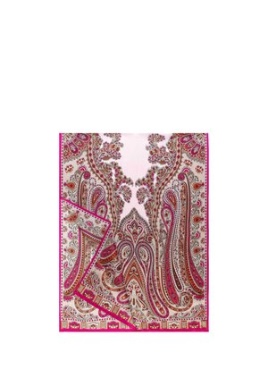 Silk scarf with intricate pink, red, and brown paisley patterns and floral motifs on a light background, folded at one corner.