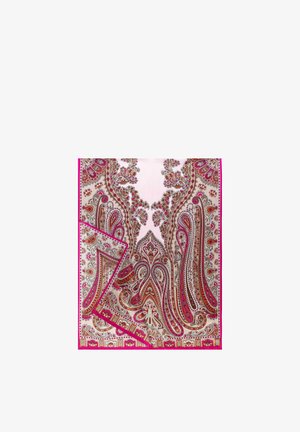 Silk scarf with intricate pink, red, and brown paisley patterns and floral motifs on a light background, folded at one corner.