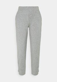 Gray sweatpants made of soft, textured fabric with a tapered leg design and elastic waistband for comfort. Features no visible fasteners.