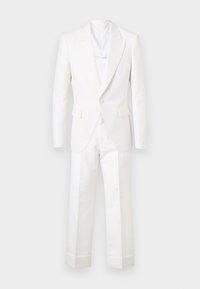 Veste de costume blanche sur mesure avec revers crantés et pantalon assorti, présentée sur un fond blanc uni.