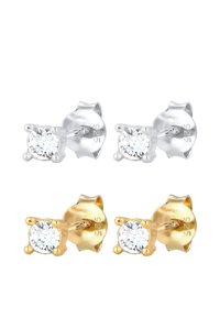 Ohrringe aus Sterling Silber und Gold mit runden, klaren Zirkonia-Steinen, ausgestattet mit einer Vierkantfassung und "925"-Gravierungen.