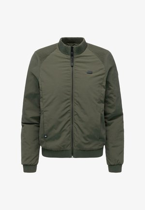 Giacca imbottita verde oliva con colletto alto, chiusura con zip, pannelli testurizzati sulle spalle e polsini e orlo a coste, con dettaglio logo.