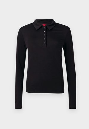 Svart langermet polo-skjorte, laget av glatt stoff, med krage, seks-knappe placket og rett hem uten synlige mønstre.
