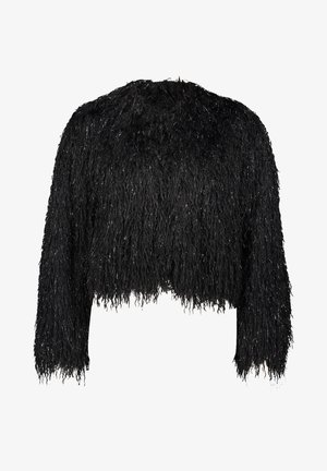 Czarna krótka kurtka wykonana z długich, teksturowanych włókien z metalicznymi akcentami. Posiada długie rękawy i okrągły dekolt. Miękka i puszysta w wyglądzie.