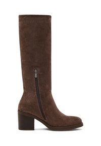 Bruine suède kniehoge laars met een blokhak en een ritssluiting aan de zijkant. Heeft een gladde textuur en een rechte, aangesloten silhouet.