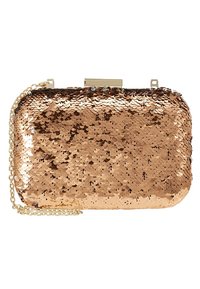 Roséguldfärgad paljettemapp med en rundad rektangulär form, guldiga detaljer och ett avtagbart kedjestropp för mångsidig bäroption.