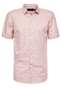 Chemise rose à manches courtes ornée d'un motif paisley répétitif en rose foncé, avec un devant à boutons et un col classique.