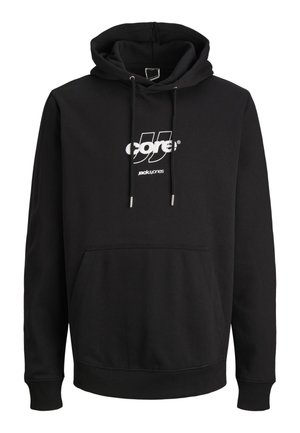 Schwarzer Kapuzenpullover mit Fronttasche, Kordelzug an der Kapuze und weißem „core jack & jones“-Logo mittig auf der Brust.