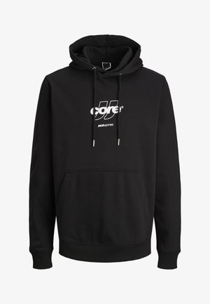 Must kapuutsiga dressipluus eest tasku, nööriga kapuuts ja valge "core jack & jones" logo rinnal.