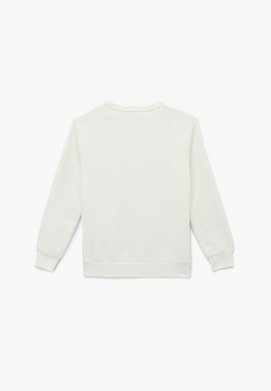 Hvid crewneck sweatshirt, lavet af blødt stof med raglanærmer, ribbede manchetter og bund. Glat tekstur, minimalistisk design, ingen mønstre.