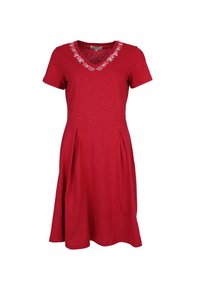 Rotes A-Linien-Kleid mit kurzen Ärmeln, V-Ausschnitt und floraler Stickerei am Hals. Hergestellt aus weichem Stoff mit einem plissierten Rockdesign.
