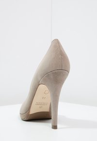 Beige suede high-heeled pump with a pointed toe and a sleek silhouette. Features a smooth texture and a tapered stiletto heel.