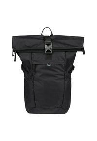Zaino a rotolo nero con chiusura a zip, spallacci regolabili e tasca frontale. Realizzato in tessuto resistente con una finitura testurizzata.