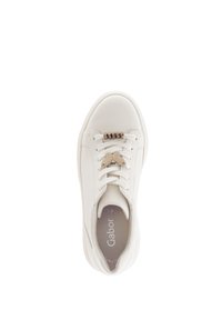 White sneaker with a smooth leather upper, round toe, and laces secured by metal accents. Features a logo on the insole.