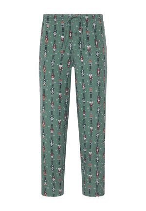 Groene stoffen pyjamabroek met een patroon van notenkrakers en sneeuwvlokken, met een elastische tailleband en een verstelbare trekkoord.