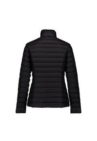 Schwarze gesteppte Steppjacke mit hohem Kragen und langen Ärmeln, von hinten auf weißem Hintergrund gezeigt.