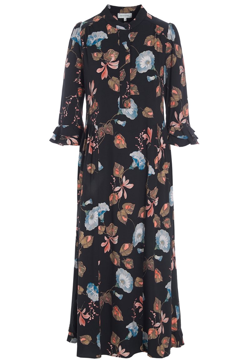 Robe longue noire à manches longues avec imprimé floral rose, bleu et marron, poignets volantés et patte de boutonnage partiellement ouverte.