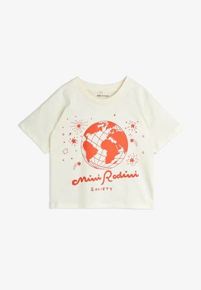 Krems krāsas īsās piedurknes T-krekls ar sarkanu globusa attēlu un tekstu "Mini Rodini Society". Mīksts kokvilnas materiāls, brīva piegriezuma dizains.