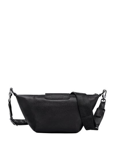 Black leather crossbody bag with a sleek design, adjustable strap, and embossed logo on the front. Smooth texture and minimalist shape.