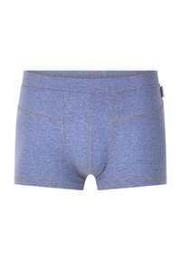 Blaue Baumwoll-Boxershorts mit einer glatten, leichten Textur, kontrastierenden gelben Nähten und einem engen Schnitt.
