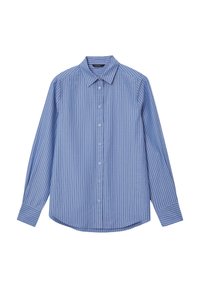 Camicia blu a maniche lunghe con bottoni, caratterizzata da sottili righe verticali bianche e colletto a punta, stesa su uno sfondo bianco.