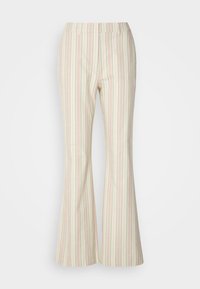 Pantalon taille haute évasé avec des rayures verticales en rose pastel, vert et crème sur fond blanc uni.