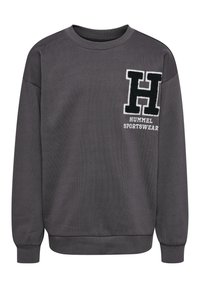 Grå sweatshirt i mjukt tyg, med rund halsringning, ribbade ärmslut och en svart broderad "H"-logotyp med texten "HUMMEL SPORTSWEAR".