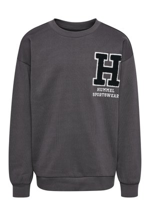 Grauer Sweatshirt aus weichem Stoff, mit Rundhalsausschnitt, gerippten Bündchen und einem schwarzen gestickten "H"-Logo mit dem Text "HUMMEL SPORTSWEAR".