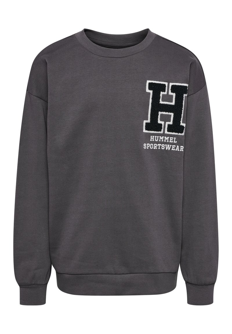 Grå sweatshirt i mjukt tyg, med rund halsringning, ribbade ärmslut och en svart broderad "H"-logotyp med texten "HUMMEL SPORTSWEAR".
