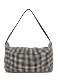 Svart axelväska täckt av små, glittrande rhinestones. Mjuk, texturerad tyg med rundad form och ett enda, smalt band.