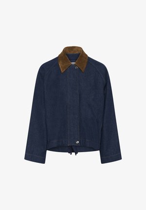 Veste en denim bleu foncé avec col en velours côtelé marron, fermeture à boutons-pression sur le devant et manches longues.