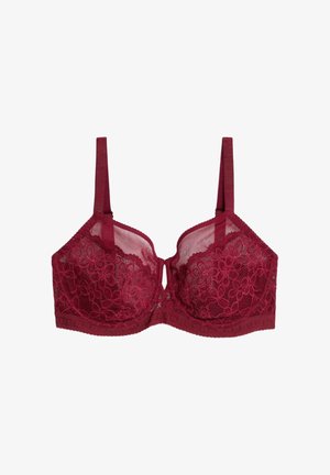 Rode kanten beha met decoratief bloemmotief, beugelsteun, verstelbare bandjes en een gaas middenpaneel.