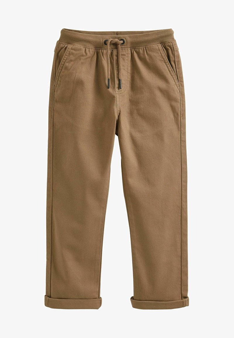 Hellbraune, tapered Hosen aus einem Baumwollmix. Verfügt über einen elastischen Bund mit Kordelzug, seitliche Taschen und umgeschlagene Säume.