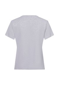 Short-sleeve, light gray t-shirt with a round neckline and textured fabric. Plain design, no visible patterns or accents.