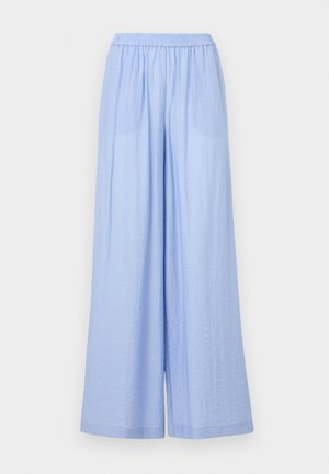 Light blue wide-leg pants made from textured fabric, featuring an elastic waistband and two side pockets.