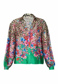 Silkkipaita, jossa leopardi-kuosi ja värikkäitä kukkakuvioita vaaleanpunaisena, punaisena ja sinisenä, vihreä helmareuna. Nappikiinnitys edessä, pitkät hihat.