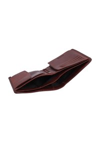 Braune Leder-Bi-Fold Brieftasche geöffnet, mit mehreren Kartenfächern und einem Münzfach auf weißem Hintergrund.