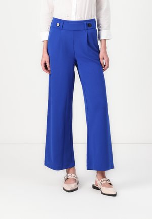 Blue wide-leg trousers with a high waist, featuring two buttons on the front and a smooth fabric texture. Paired with light-colored shoes.