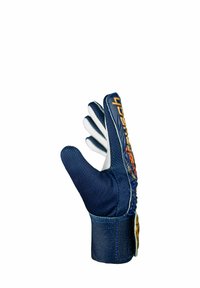 Torwarthandschuh in Marineblau. Strukturiertes Material für besseren Grip, weiße Latex-Handfläche, elastischer Bund mit Markenlogo, ergonomisches Fingerdesign.