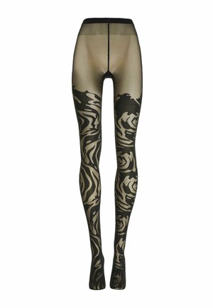 Sheer schwarze Strumpfhosen mit beigem Untergrund, die mit kräftigen schwarzen floralen und abstrakten Wirbelmustern an den Beinen versehen sind.