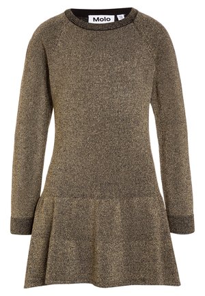 Abito dorato lavorato a maglia di Molo, con scollatura rotonda, maniche lunghe e gonna svasata realizzata in tessuto testurizzato con polsini a costine.