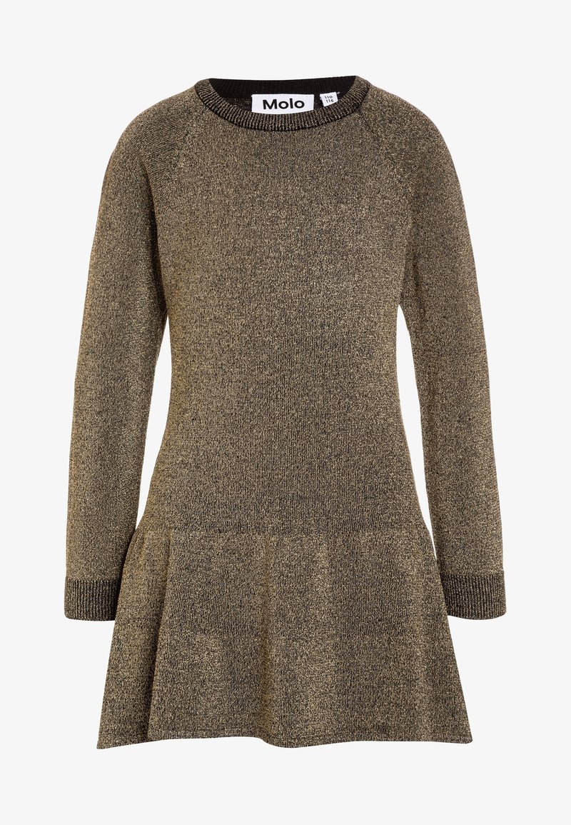 Robe tricotée dorée par Molo, avec un col rond, des manches longues et une jupe évasée en tissu texturé avec des poignets côtelés.
