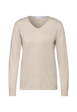 Vaalean beige pitkähihaisessa V-pääntie neulepuserossa on pehmeä neulosmateriaali, rento istuvuus ja ribattuja hihansuita. Pusero on sileä pinta ja siinä on minimaalinen yksityiskohtaisuus.