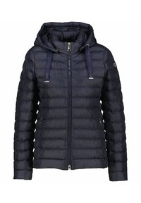 Marineblauer Puffer-Jacket mit Reißverschluss, elastischer Kapuze und Kordelzügen. Gestepptes Muster und silberfarbene Hardware-Akzente.