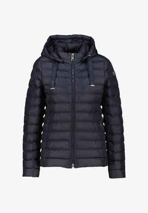 Marineblauer Puffer-Jacket mit Reißverschluss, elastischer Kapuze und Kordelzügen. Gestepptes Muster und silberfarbene Hardware-Akzente.