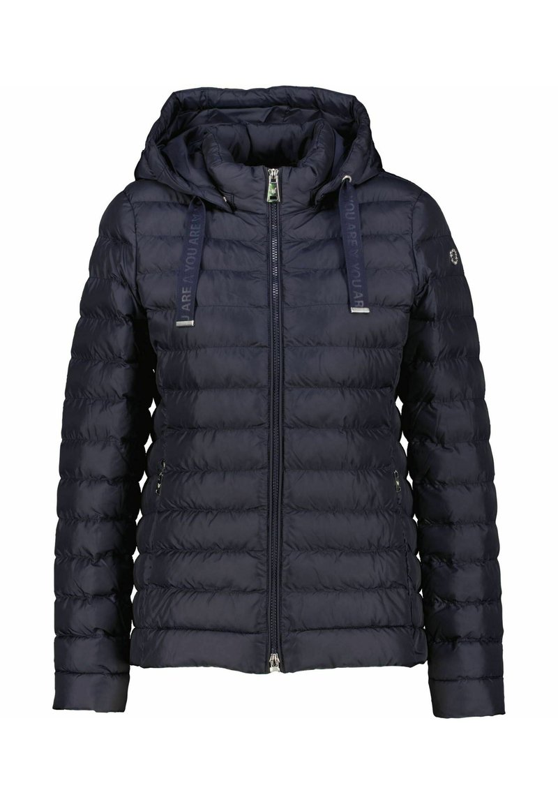 Marineblauer Puffer-Jacket mit Reißverschluss, elastischer Kapuze und Kordelzügen. Gestepptes Muster und silberfarbene Hardware-Akzente.