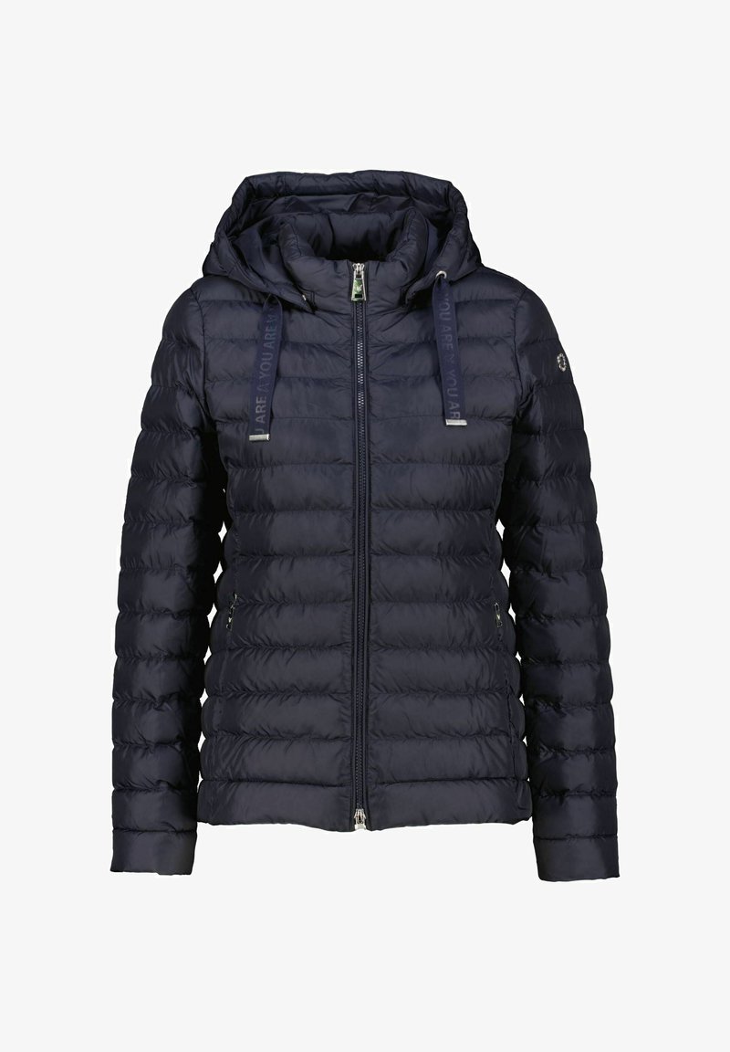 Marineblauer Puffer-Jacket mit Reißverschluss, elastischer Kapuze und Kordelzügen. Gestepptes Muster und silberfarbene Hardware-Akzente.