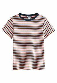 Korte mouw gestreepte t-shirt in roze, oranje, blauw en zwart. Heeft een geribbelde textuur en een donkerblauwe ronde hals.