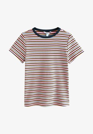 Kortærmet T-shirt med striber i pink, blå, orange og sort, med navy ribbet halsudskæring og blød tekstur.